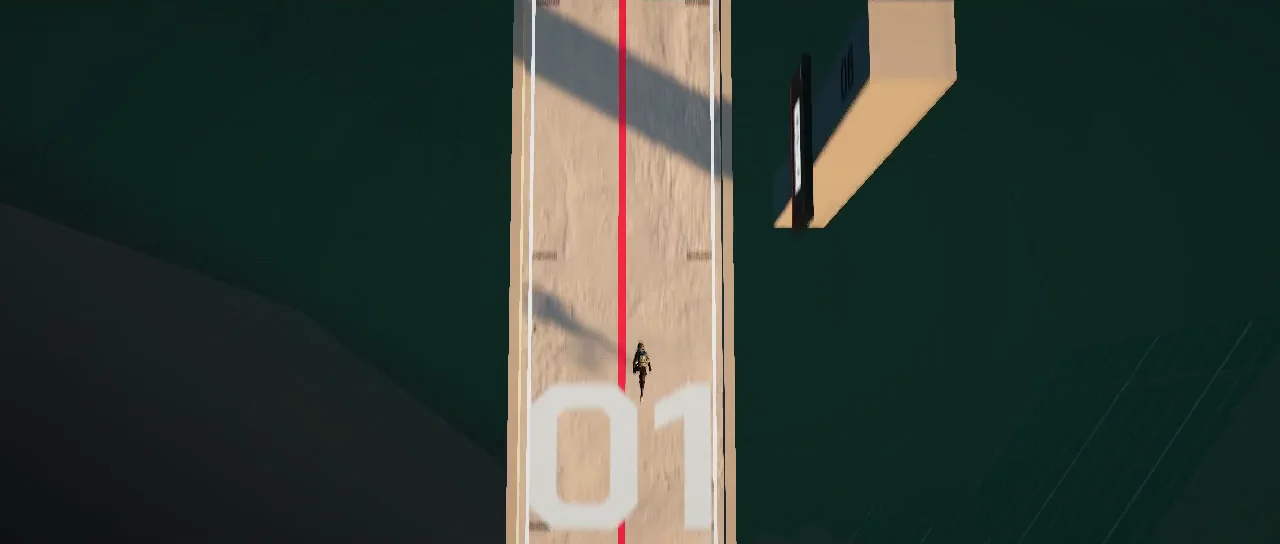 The parkour runway from straight above: a light concrete strip with one red line down the middle and a big painted 01, on a dark teal ground.