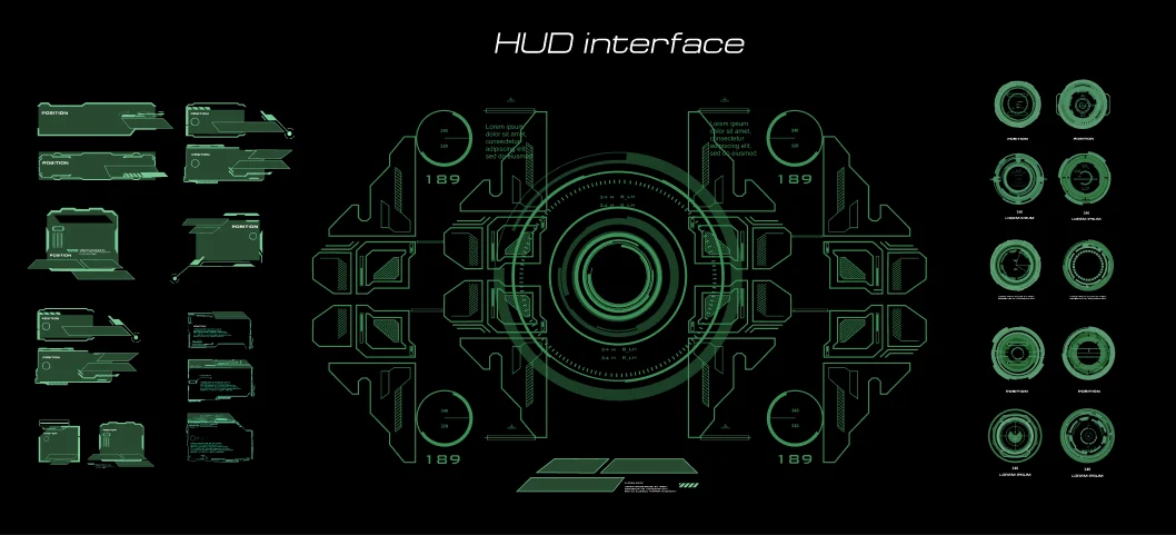 A HUD board in phosphor green on black: a central scope with rings, angled side panels and a column of round gauges.