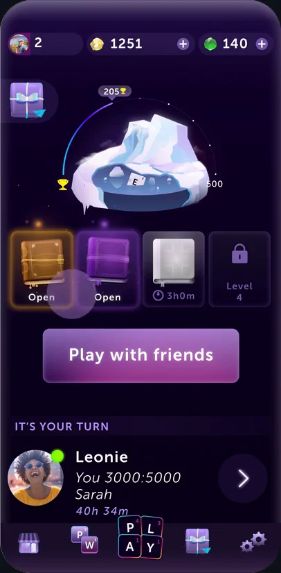 The finished Word Blitz home screen: arena, four book slots, Play with friends, the games list. A tap lands on a book.