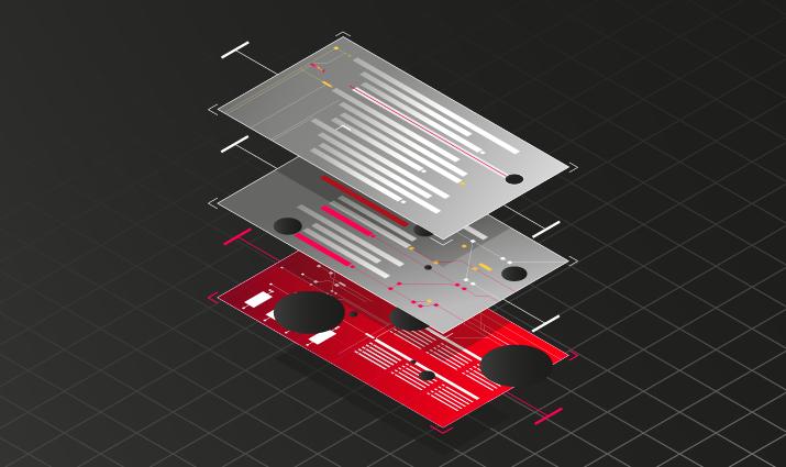 Isometric illustration: code layers stacked over a red vulnerability layer