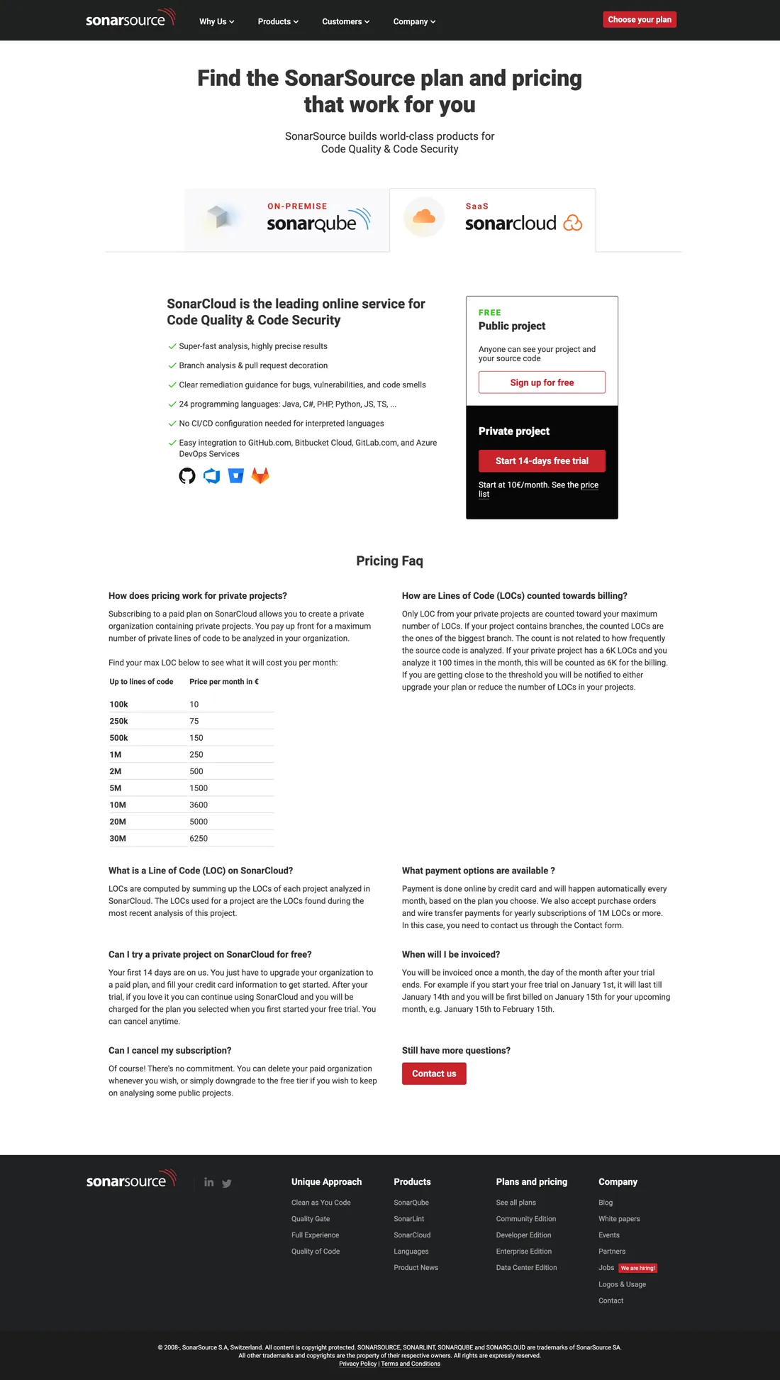 Archived capture of the plans and pricing page, SonarCloud tab, May 2021