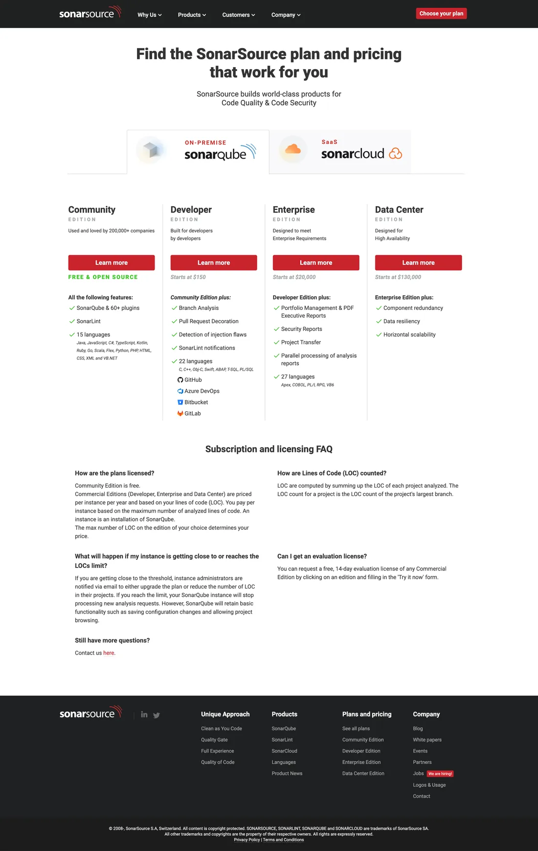 Archived capture of the plans and pricing page, SonarQube tab, May 2021