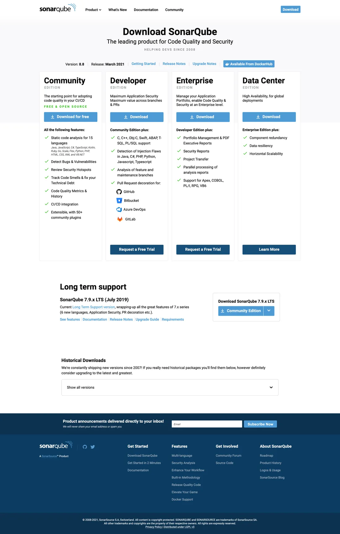 Archived capture of the SonarQube downloads page, spring 2021