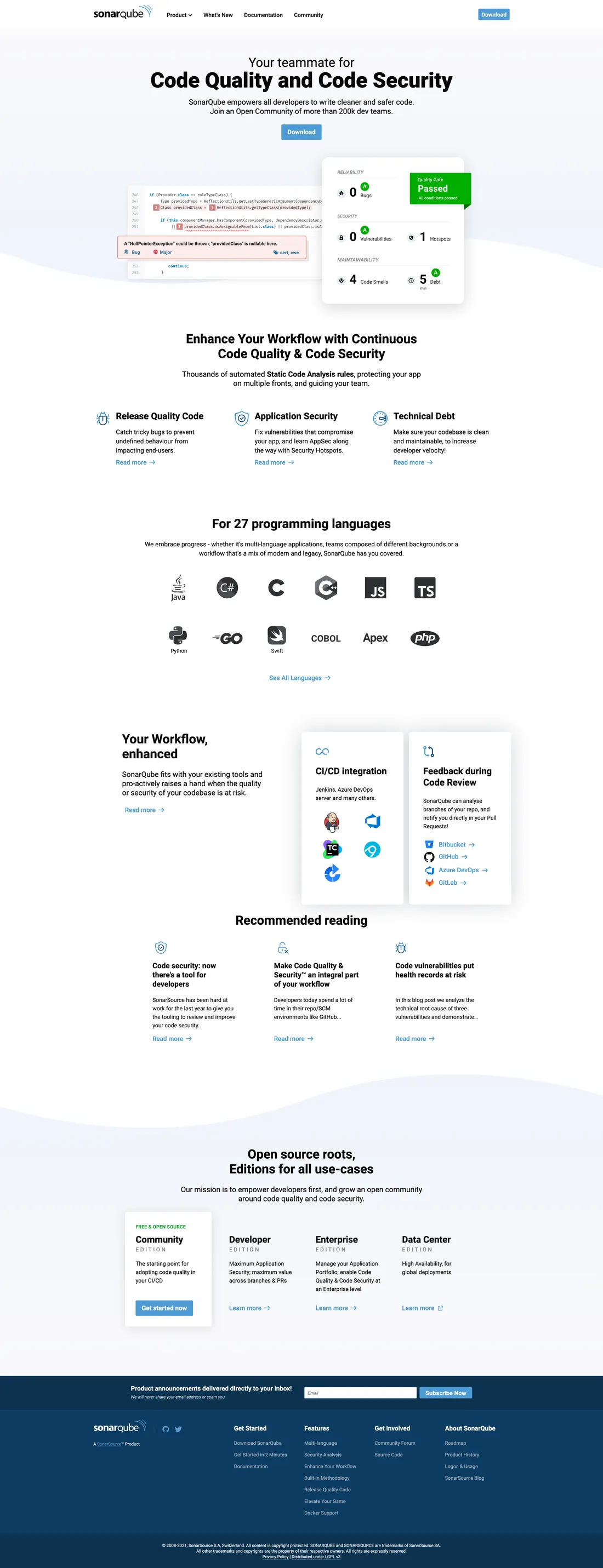 Archived capture of the SonarQube home page, spring 2021